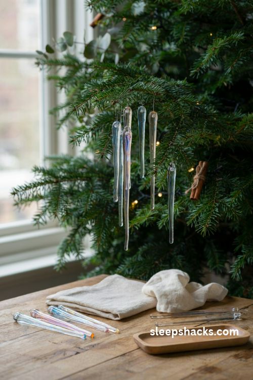 Iridescent glass icicle christmas ornaments cascading on a cozy evergreen tree