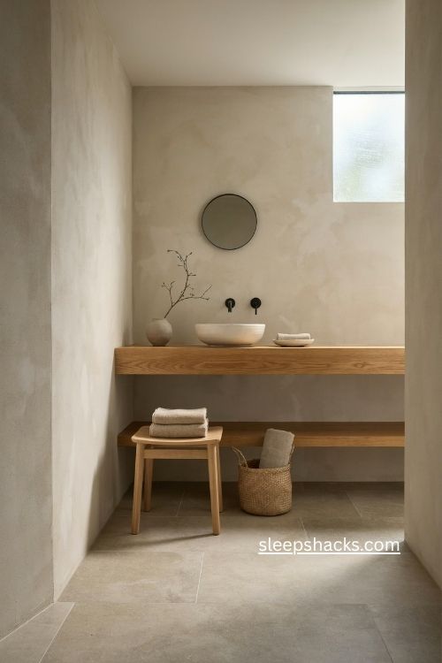 Japandi minimalist bathroom with warm wood vanity oatmeal walls and natural textures