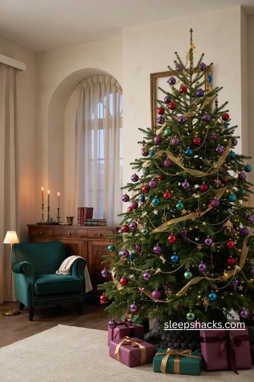 Jewel tone Christmas tree with purple emerald sapphire and ruby ornaments