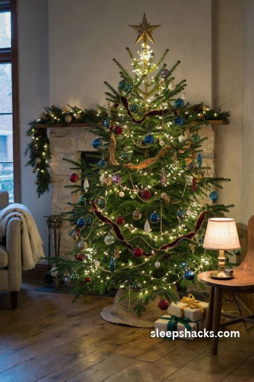 Jewel tone christmas tree glowing with warm white lights and rich colorful ornaments
