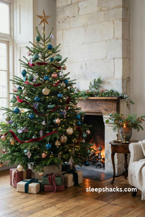 Jewel tone christmas tree with emerald sapphire ruby and amethyst ornaments