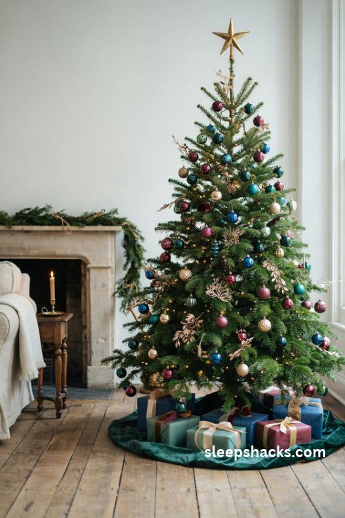 Jewel tone christmas tree with emerald velvet tree skirt and coordinated wrapped gifts