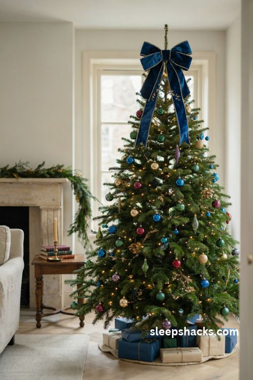 Jewel tone christmas tree with oversized sapphire velvet bow topper and gold details