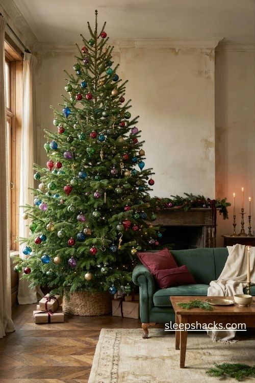 Jewel tone glass bauble christmas tree with emerald sapphire ruby and amethyst ornaments