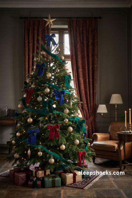 Jewel toned christmas tree with sapphire emerald ruby velvet bows and antique gold ornaments