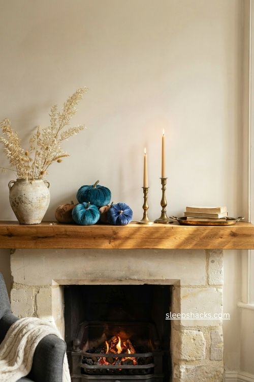 Jewel toned velvet pumpkins on an elegant fall fireplace mantel