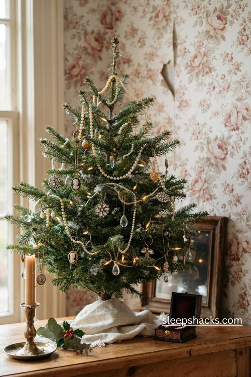 Jewelry Christmas tree decorated with vintage pearls rhinestone brooches and sentimental heirloom ornaments