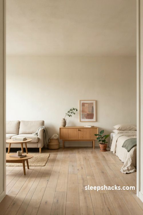 Keep one wall calm and clear in a cozy studio apartment with a warm ivory wall, low oak sideboard, and minimal artwork