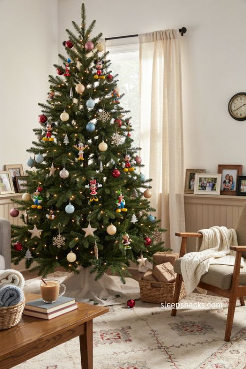 Kid friendly shatterproof Disney Christmas tree with Mickey ornaments and cozy family decor 