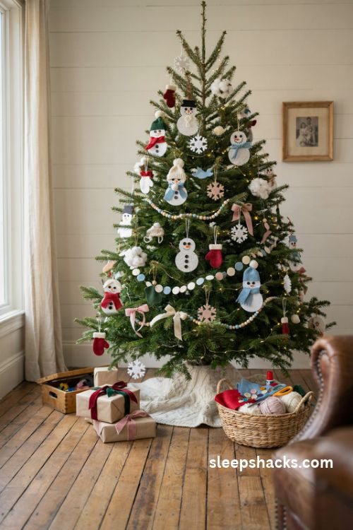Kid friendly snowman Christmas tree with handmade felt paper plate and cotton ball ornaments
