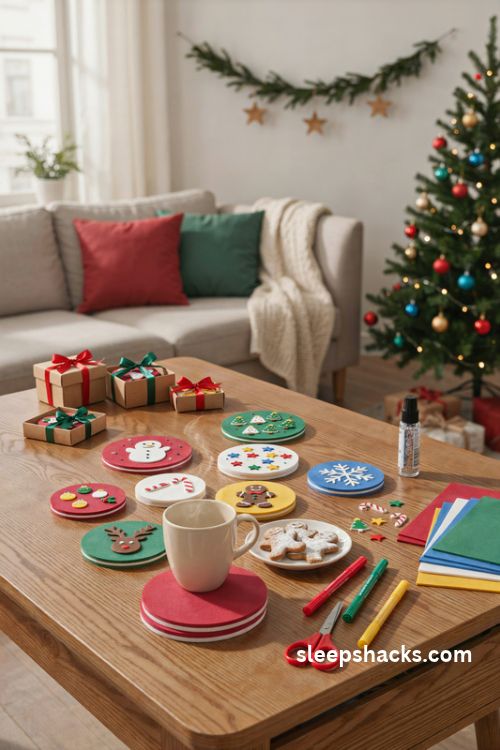 Kids Christmas craft foam coasters with colorful holiday stickers and handmade designs