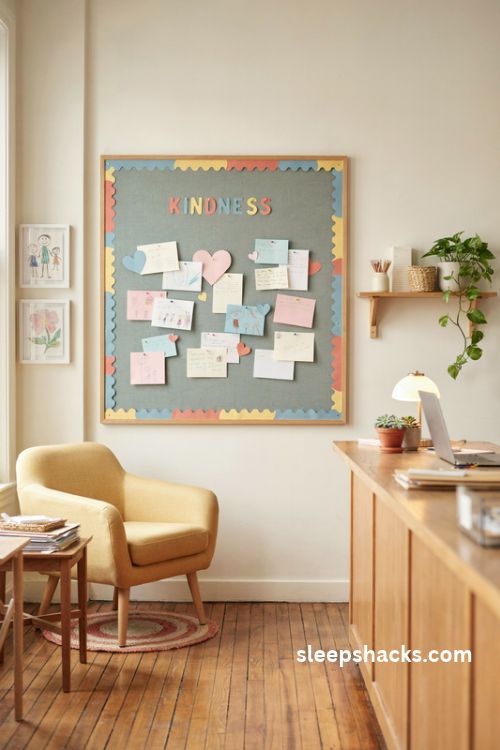 Kindness and community bulletin board in a welcoming school office with colorful student notes