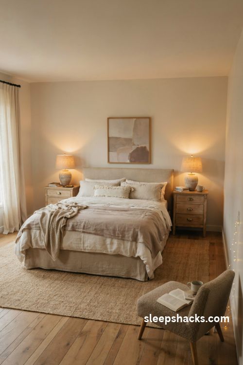 King bedroom ideas with a balanced upholstered king bed oversized rug matching nightstands and warm layered lighting