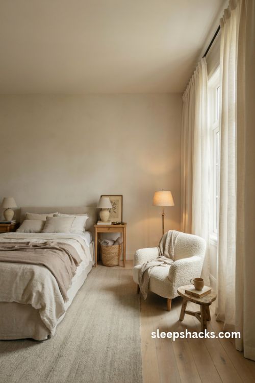 King bedroom with a cozy window reading nook boucle armchair and warm floor lamp