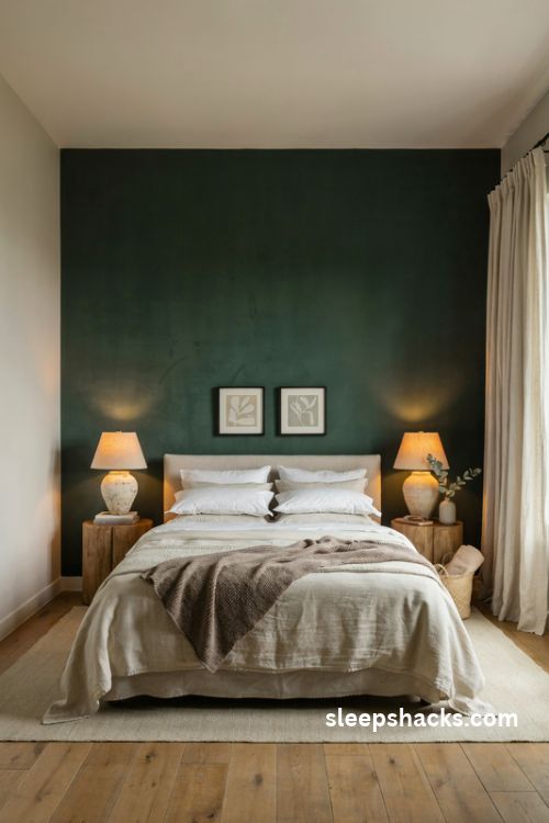 King bedroom with a moody forest green accent wall cream bedding and warm glowing bedside lamps