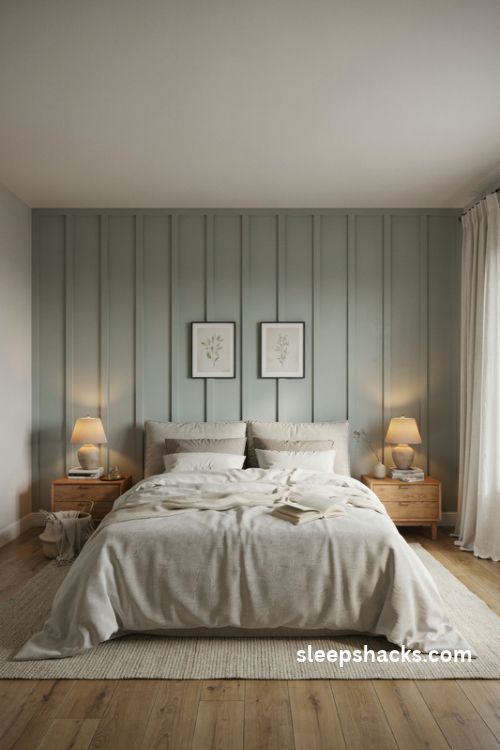 King bedroom with a sage green board and batten accent wall oversized bed and warm neutral farmhouse decor