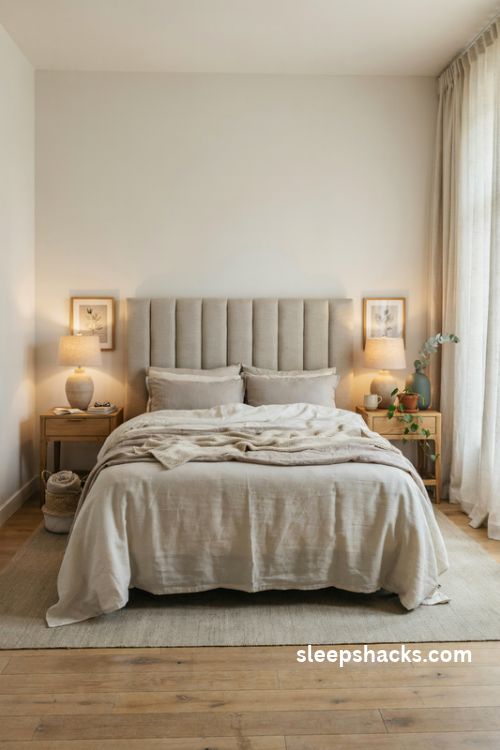 King bedroom with a tall oatmeal linen upholstered headboard channel tufting layered neutral bedding and balanced bedside decor