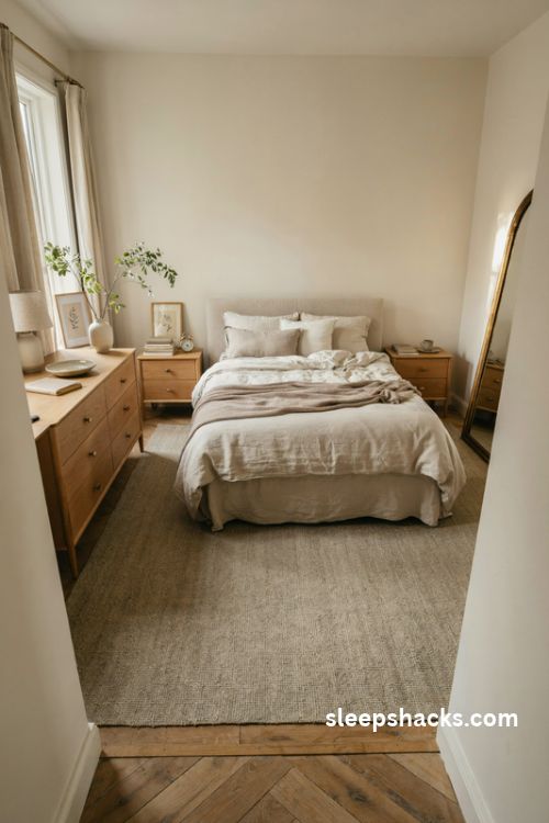 King bedroom with an oversized arched brass mirror reflecting natural window light beside an oak dresser