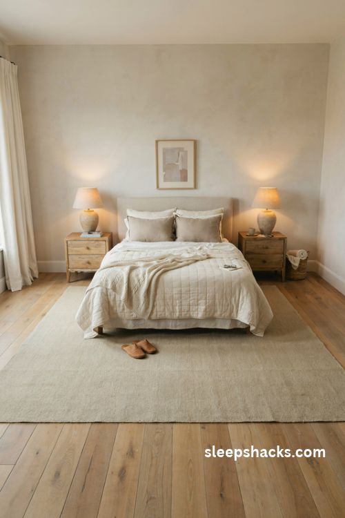 King bedroom with an oversized neutral 9 by 12 rug layered bedding and balanced oak nightstands