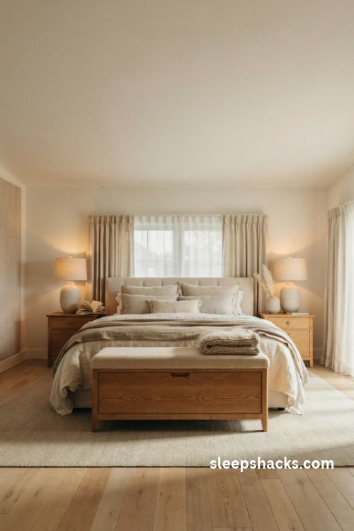 King bedroom with an upholstered storage bench at the foot of the bed and layered neutral bedding