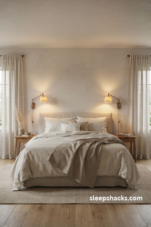 King bedroom with brass wall sconces warm lighting and uncluttered oak nightstands
