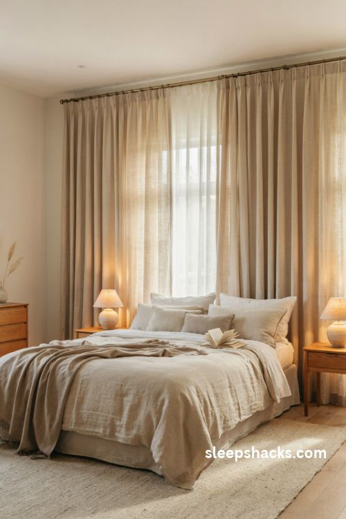 King bedroom with high and wide floor length linen curtains and layered sheer window panels