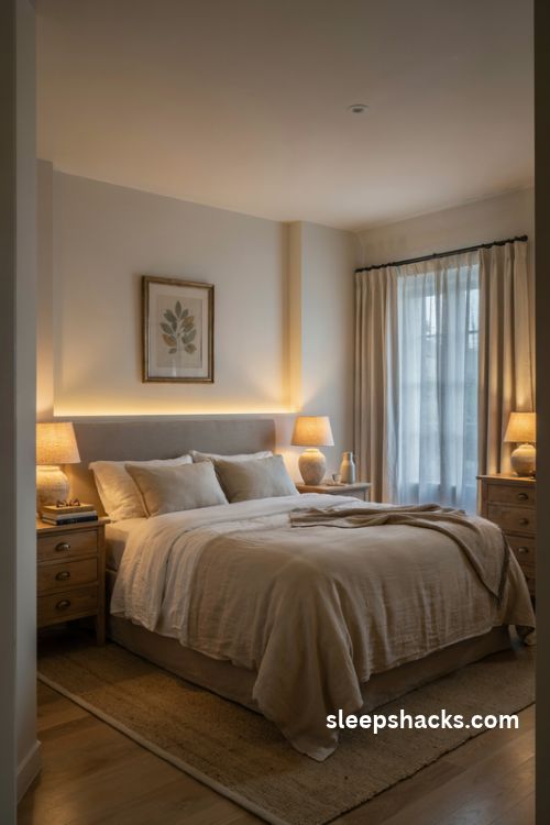 King bedroom with layered dimmable lighting warm bedside lamps and soft headboard LEDs