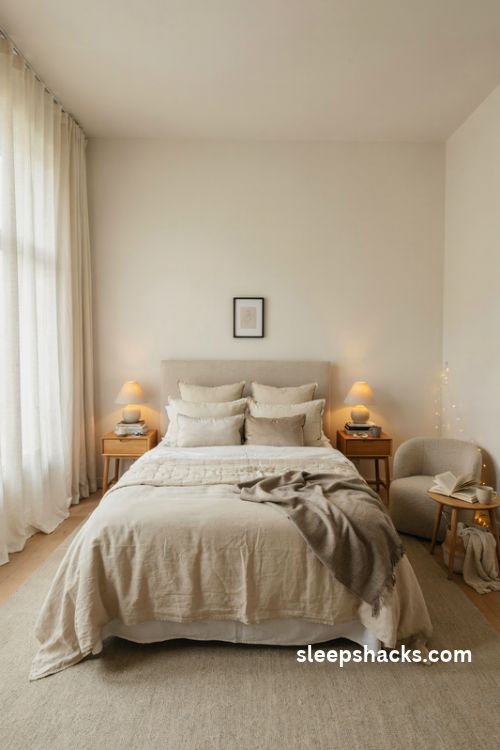 King bedroom with layered neutral bedding ivory quilted coverlet oatmeal linen and chunky knit throw