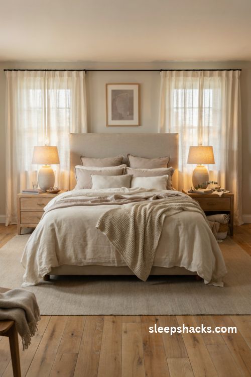 King bedroom with oversized oak nightstands tall linen shade lamps and balanced neutral bedding