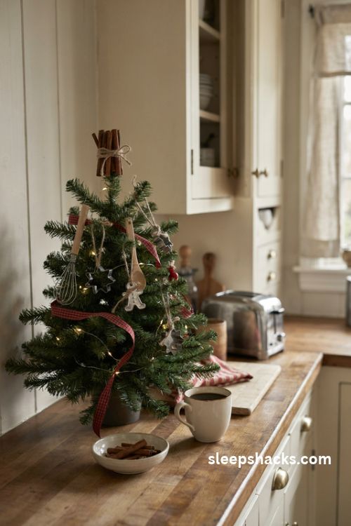 Kitchen counter christmas tree with wooden spoon ornaments red gingham ribbon and warm fairy lights