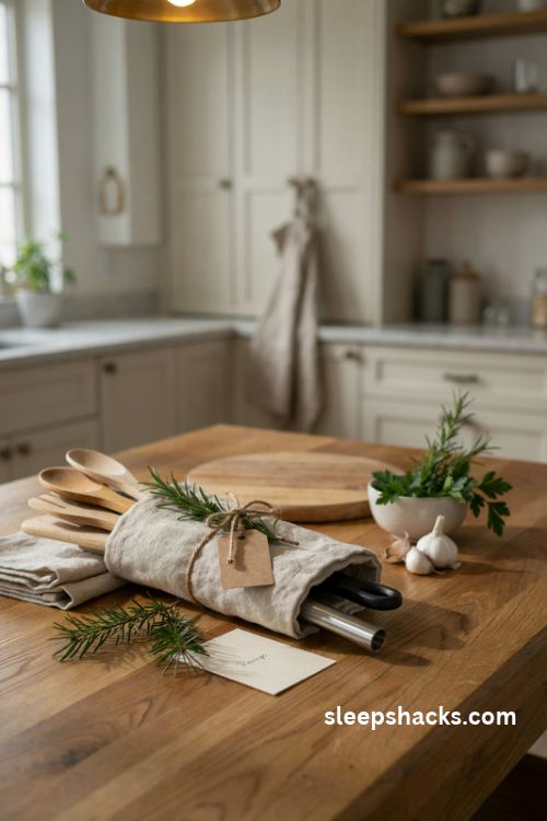 Kitchen tools Christmas gift idea with wooden spoons cast iron skillet stainless steel peeler and linen towel wrapping