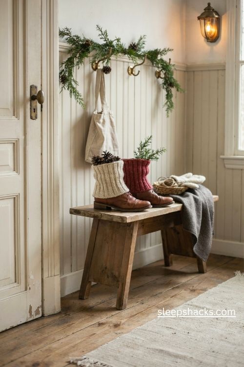 Knitted cuff boots in cream and cranberry red with pinecones on a rustic farmhouse Christmas entryway bench