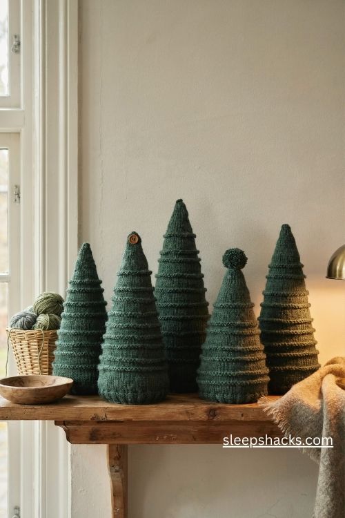 Knitted wool christmas tree cozies in deep green chunky yarn with cozy handmade textures on a rustic mantel