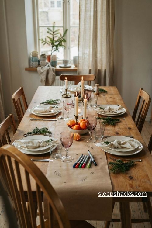Kraft paper runner christmas table setting with white plates and natural greenery