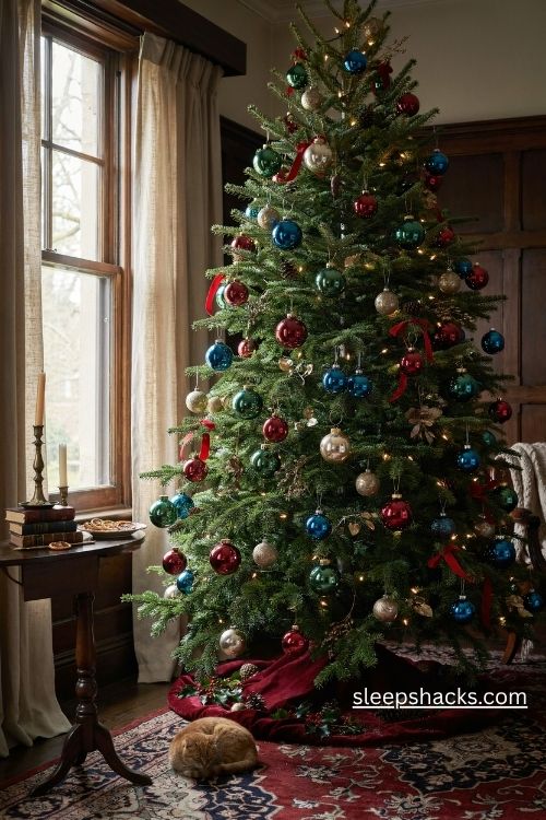 Kugel style heavy glass Christmas baubles in emerald ruby and cobalt with antique brass caps on a Victorian Christmas tree