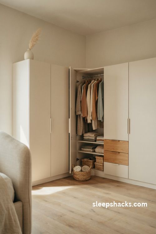 L shaped corner wardrobe ideas with light neutral cabinets curved doors and smart hidden storage