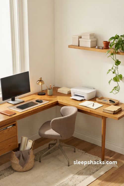L shaped home office desk layout with dual workspaces and cozy corner organization