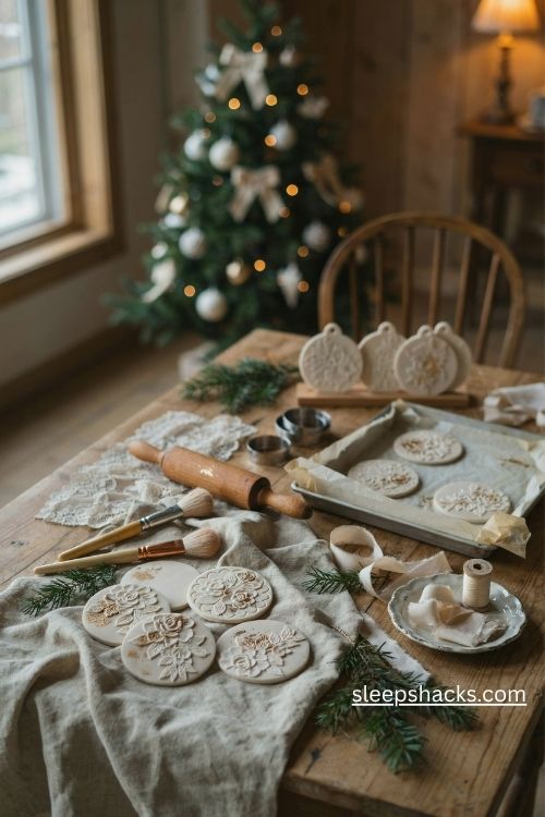 Lace imprinted polymer clay christmas ornaments with delicate floral patterns and antique gold details