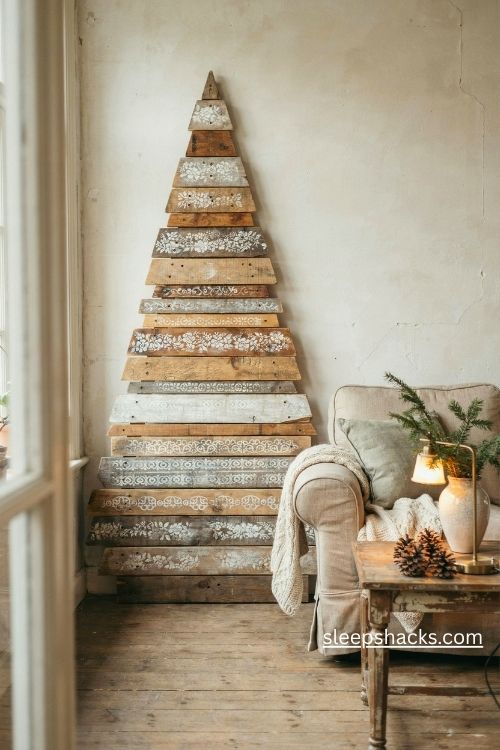 Lace stenciled pallet wood christmas tree with ivory patterns in a cozy vintage cottage living room 