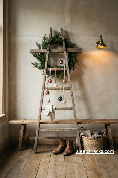 Ladder cross christmas tree with copper and forest green ornaments in a rustic farmhouse entryway
