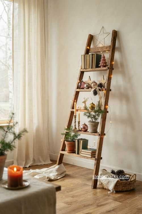 Ladder shelf christmas tree with vintage ornaments books candles and greenery 