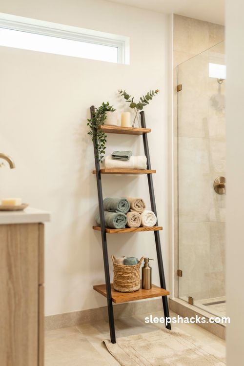 Ladder shelf in a bathroom corner with rolled towels green plants and natural oak shelves