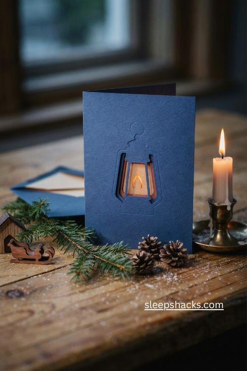 Lantern glow die cut Christmas card with midnight blue and amber