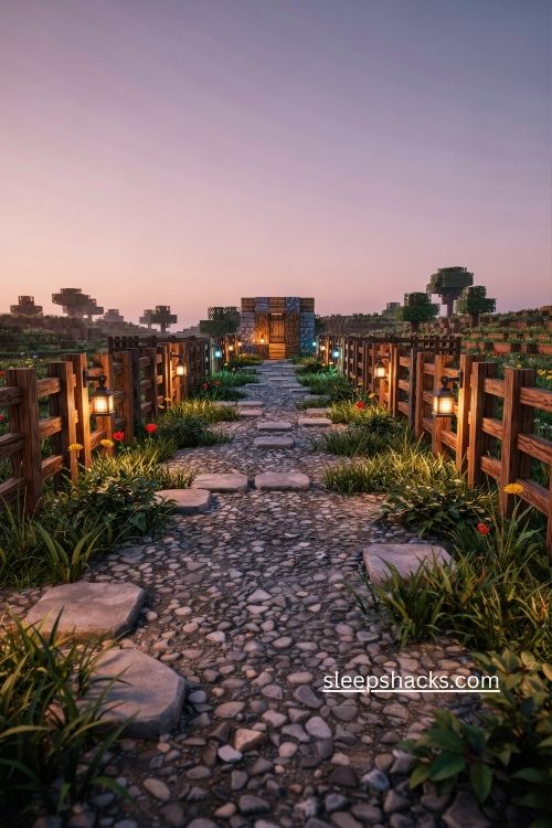 Lantern lit Minecraft fence ideas along a cozy garden path