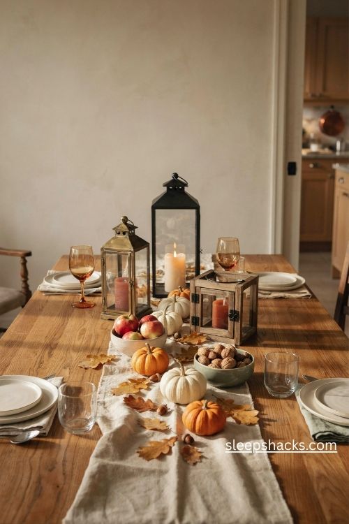 Lantern trio dining table centerpiece with autumn candles mini pumpkins and linen runner 