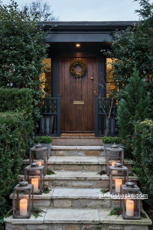 Lanterns with flameless candles and fresh evergreen sprigs on cozy christmas front steps