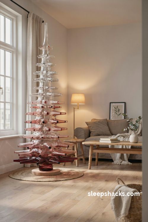 Large floor standing glass christmas tree in a bright cozy living room corner