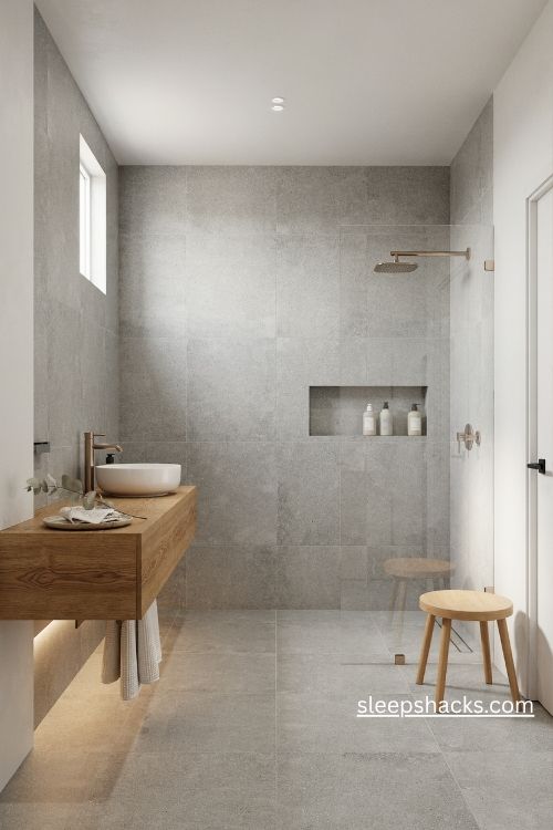 Large format grey tile bathroom with warm oak vanity and a modern spa feel 