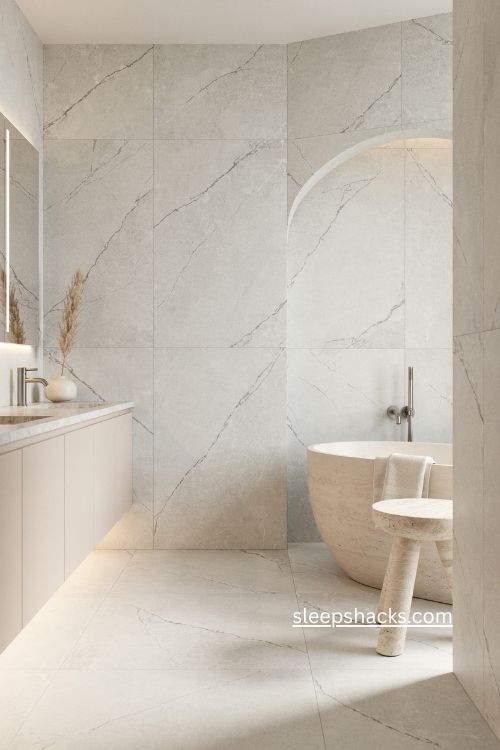 Large format tile minimalist bathroom with marble effect walls and floor