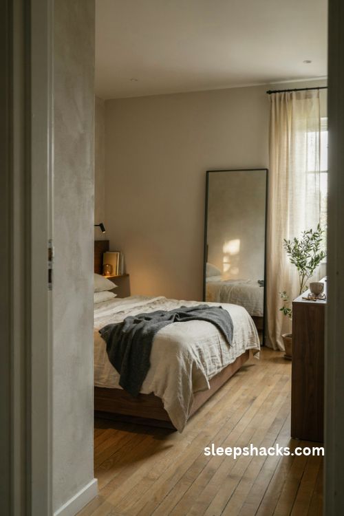 Large full length mirror in a small men's bedroom with a black frame dark wood furniture and light bedding